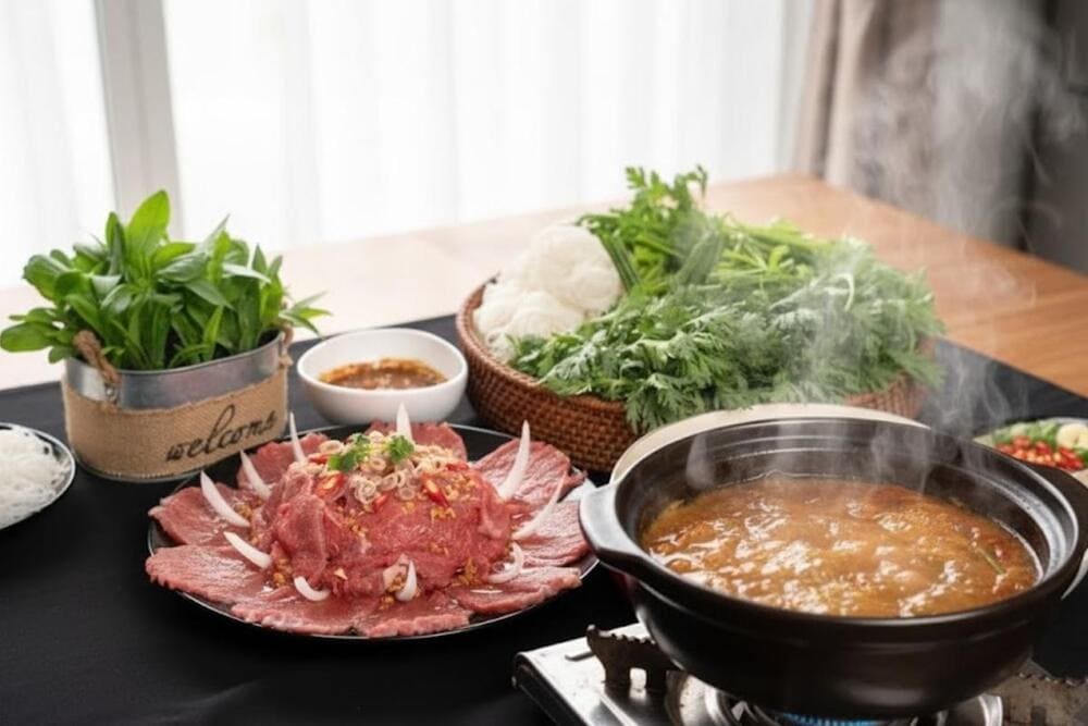 Lẩu b&ograve; nh&uacute;ng mắm ruốc.